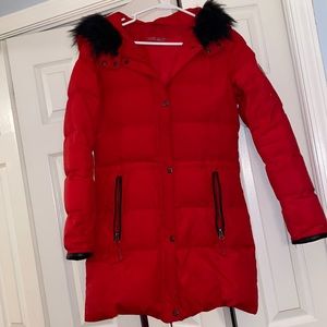 Red puffer winter jacket